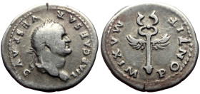Vespasian (69-79) AR Denarius (Silver, 3.06g, 21mm) Rome, 74. 
Obv: IMP CAESAR VESP AVG, laureate head of Vespasian right. 
Rev: PONTIF MAXIM, winged ...