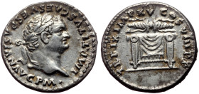 Titus (79-81) AR Denarius (Silver, 3.53g, 17mm) Rome, 80.
Obv: IMP TITVS CΛES VESPΛSIΛN ΛVG P M, laureate head right
Rev: TR P IX IMP XV COS VIII P ...