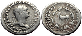 Domitian (Caesar, 69-81) AR Denarius (Silver, 3.16g, 18mm). Rome, 80-81. 
Obv: CAESAR DIVI F DOMITIANVS COS VII, laureate head right 
Rev: PRINCEPS IV...