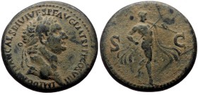 Domitian (81-96) AE Sestertius (Bronze, 26.14g, 35mm) Lugdunum, 82
Obv: IMP DOMITIAN CAES DIVI VESP F AVG PM TR P P P COS VIII, head laureate to righ...