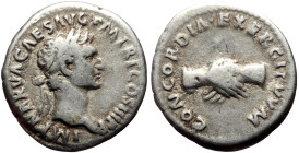 Nerva (96-98) AR Denarius (Silver, 19mm, 3.31g) Rome, 97. 
Obv: IMP NERVA CAES AVG P M TR P COS III P P, Laureate head of Nerva to right. 
Rev: CONCOR...