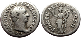 Trajan (98-117) AR denarius (Silver, 3.20g, 19mm) Rome, 98-99. 
Obv: IMP CAES NERVA TRAIAN AVG GERM, laureate head of Trajan right 
Rev: P M TR P COS ...