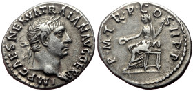 Trajan (98-117) AR Denarius (Silver, 3.31g, 19mm) Rome, 98-99. 
Obv: IMP CAES NERVA TRAI—AN AVG GERM, laureate head right 
Rev: P M TR P COS II P P, v...