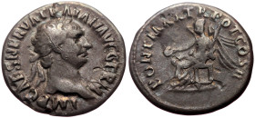 Trajan (98-117) AR Denarius (Silver, 2.58g, 18mm) Rome, 98
Obv: IMP CAES NERVA TRAIAN AVG GERM, Laureate head r. 
Rev: PONT MAX TR POT COS II Victory ...