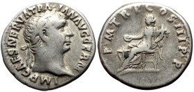 Trajan (98-117) AR Denarius (Silver, 3.10g, 19mm) Rome, 100. 
Obv: IMP CAES NERVA TRA-IAN AVG GERM, laureate head of Trajan right 
Rev: P•M•TR•P•COS•I...