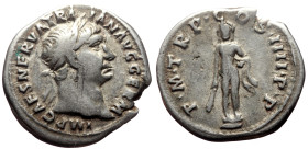 Trajan (98-117) AR Denarius (Silver, 3.24g, 19mm) Rome, 101/2. 
Obv: IMP CAES NERVA TRAIAN AVG GERM, laureate head of Trajan right. 
Rev: P M TR P COS...