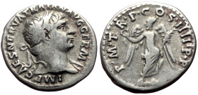 Trajan (98-117) AR Denarius (Silver, 3.23g, 18mm) Rome, 102. 
Obv: IMP CAES NERVA TRAIAN AVG GERM, Laureate head of Trajan to right. 
Rev: P M TR P CO...