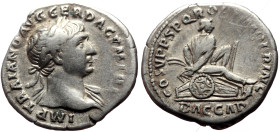 Trajan (98-117) AR Denarius (Silver, 3.16g, 19mm) Rome.
Obv: IMP TRAIANO AVG GER DAC P M TR P, Laureate head right, with slight drapery.
Rev: COS V P ...