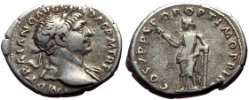 Trajan (98-117) AR Denarius (Silver, 3.09g, 19mm) Rome, 107-111. 
Obv: IMP TRAIANO AVG GER DAC P M TR P, laureate bust right, slight drapery 
Rev: COS...