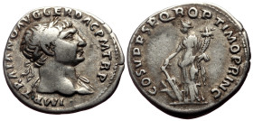 Trajan (98-117) AR Denarius (Silver, 3.06g, 19mm) Rome, 107-108. 
Obv: IMP TRAIANO AVG GER DAC P M TR P, laureate bust of Trajan right, drapery on lef...
