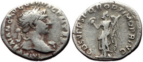 Trajan (98-117) AR Denarius (Silver, 3.02g, 19mm) Rome, 107 
Obv: Obv: IMP TRAIANO AVG GER DAC P M TR P, Bust laureate right, fold of cloak on front s...