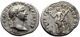 Trajan (98-117) AR Denarius (Silver, 3.23g, 20mm) Rome, 103-111. 
Obv: IMP TRAIANO AVG GER DAC P M TR P, laureate head right, slight drapery on far sh...