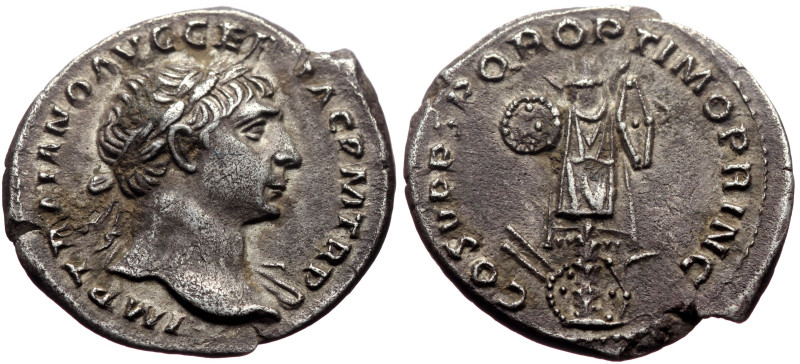 Trajan (98-117) AR Denarius (Silver, 3.31g, 19mm) Rome, 107-108. 
Obv: Laureate ...