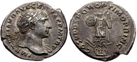 Trajan (98-117) AR Denarius (Silver, 3.31g, 19mm) Rome, 107-108. 
Obv: Laureate bust right, slight drapery 
Rev: Trophy on stump, consisting of tunic ...