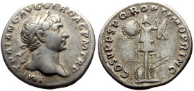 Trajan (98-117) AR Denarius (Silver, 3.06g, 19mm) Rome, 107-108. 
Obv: IMP TRAIANO ΛVG GER DΛC P M TR P, laureate bust right, slight drapery on left s...
