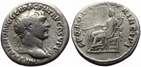 Trajan (98-117) AR Denarius (Silver, 3.16g, 19mm) Rome, 103-107. 
Obv: IMP TRAIANO AVG GER DAC P M TR P COS V P P, laureate bust of Trajan right, aegi...