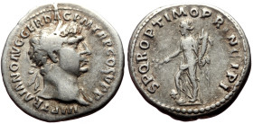 Trajan (98-117) AR Denarius (Silver, 3.17g, 19mm) Rome, 103-111. 
Obv: IMP TRAIANO AVG GER DAC PM TR P COS V PP, laureate bust right, drapery on left ...