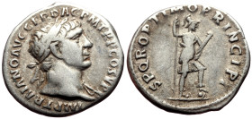 Trajan (98-117) AR Denarius (Silver, 3.13g, 18mm) 104-107 
Obv: IMP TRAIANO AV GER DAC P M TR P COS V P P, laureate bust right, drapery on left should...