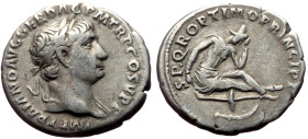 Trajan (98-117) AR Denarius (Silver, 3.21g, 17mm) Rome, 103-111. 
Obv: IMP TRAIANO AVG GER DAC P M TR P COS V P P, laureate bust right, drapery on far...