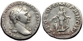 Trajan (98-117) AR Denarius (Silver, 3.09g, 18mm) Rome, 112-114. 
Obv: IMP TRAIANO AVG GER DAC P M TR P COS VI P P, laureate bust to right, slight dra...