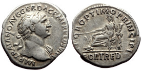 Trajan (98-117) AR Denarius (Silver, 3.10g, 19mm) Rome, 112-114
Obv: IMP TRAIANO AVG GER DAC P M TR P COS VI P P, laureate head r., drapery on l. shou...