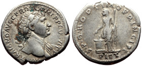 Trajan (98-117) AR Denarius (Silver, 3.17g, 19mm) Rome, 112-114
Obv: IMP TRAIANO AVG GER DAC P M TR P COS VI P P, laureate bust r., drapery on l. shou...