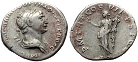 Trajan (98-117) AR denarius (Silver, 3.09g, 19mm) Rome, 114-117. 
Obv: IMP CAES NER TRAIANO OPTIMO AVG GER DAC, laureate, cuirassed, draped bust of Tr...