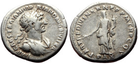 Hadrian (117-138) AR Denarius (Silver, 3.39g, 19mm) Rome, 117
Obv: IMP CAES TRAIAN HADRIANO AVG DIVI TRA, Laureate, draped and cuirassed bust r. 
Rev:...