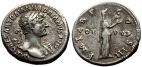 Hadrian (117-138) AR denarius (Silver, 3.60g, 19mm) Rome, 118 
Obv: IMP CAESAR TRAIAN HADRIANVS AVG, laureate bust right
Rev: P M TR P COS III VOT PVB...
