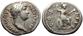 Hadrian (117-138) AR Denarius (Silver, 3.26g, 19mm) Rome, 128
Obv: HADRIANVS - AVGVSTVS P P, Head laureate r.
Rev: COS - III Roma or Virtus seated r. ...