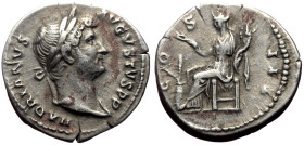 Hadrian (117-138) AR Denarius (Silver, 3.02g, 18mm) Rome.
Obv: HADRIANVS AVGVSTVS P P, Laureate head right.
Rev: COS III, Annona seated left, holding ...