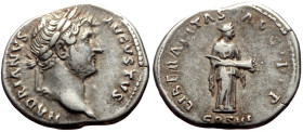 Hadrian (117-138) AR denarius (Silver, 3.36g, 18mm) Rome, 129. 
Obv: HADRIANVS AVGVSTVS, bare head of Hadrian right, with slight drapery on far should...