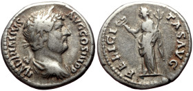 Hadrian (117-138) AR Denarius (Silver, 3.59g, 18mm) Rome, 133-135
Obv: HADRIANVS – AVG COS III P P, Bare head r. 
Rev: FELICI – T – AS AVG Felicitas s...