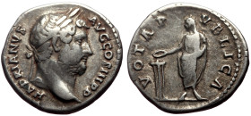 Hadrian (117-138) AR Denarius (Silver, 3.34g, 18mm) Rome, ca 137. 
Obv: HADRIANVS AVG COS III P P, Bare head of Hadrian to right. 
Rev: VOTA PVBLICA, ...