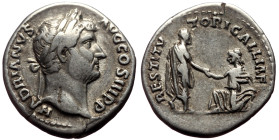 Hadrian (117-138) AR Denarius (Silver, 3.21g, 18mm) Rome, 134-138. 
Obv: HADRIANVS - AVG COS III P P, Laureate head right 
Rev: RESTITVTORI GALLIAE, H...