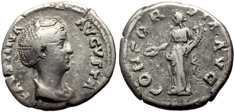 Faustina I (138-140/1) AR Denarius (Bronze, 3.19g, 18mm) Rome.
Obv: FAVSTINA AVG...