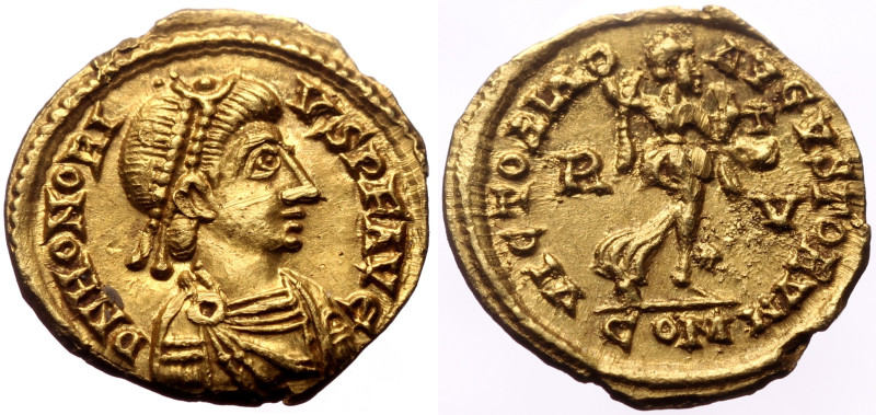 Honorius (393-423) AV Tremissis (Gold, 1.50g, 14mm) Ravenna, 408-421.
Obv: D N ...
