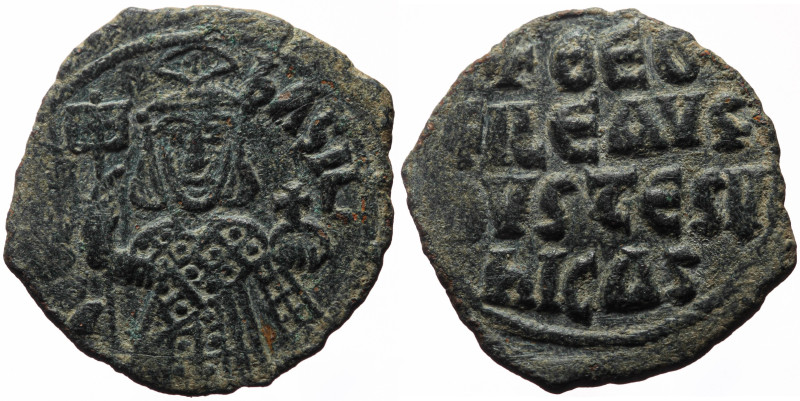 Theophilus (829-842) AE Follis (Bronze, 7.75g, 30mm) Constantinopolis. 
Obv: ΘЄΟ...