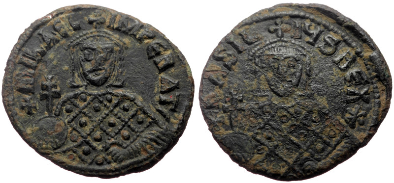 Michael III "the Drunkard", with Basil I (842-867) AE Follis (Bronze, 7.19g, 27m...