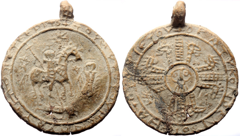 Byzantine Pb Apotropaic amulet (25.75g, 44mm)
Side A: A rider in a nimbus with ...