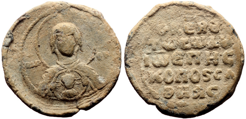 Byzantine Pb Seal (14.65g, 31mm) John bishop and sakellarios (eleventh century)...