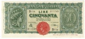 ITALIA - 50 Lire “Italia Turrita” Crapanzano Giulianini 131A C 12/10/1944 Introna / Urbini Certificato Cartamoneta.com FDS
FDS