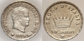 MILANO - Napoleone Re d’Italia (1805-1814) 10 soldi 1814, Gig186, AG gr 2,50 Bell'esemplare dai fondi praticamente a specchio.
q FDC/FDC