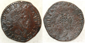 NAPOLI - Filippo II d’Asburgo (1554-1598) - Tornese 1577 Magliocca 98 Testa a dx con medusa sul collo e GR/VP su due righe dietro la testa al D/ e dop...