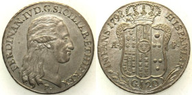 NAPOLI Ferdinando IV di Borbone (1759-1816) Piastra 1798 MIR373/2 AG gr 27,62 - Ottimo esemplare dai fondi lucenti.
FDC