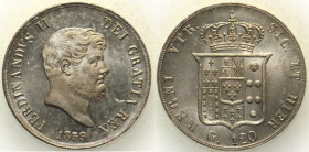NAPOLI - Ferdinando II di Borbone (1830-1859) - Piastra da 120 grana 1859 Gig. 90 AG gr 27,60. Di straordinaria qualità, senza i consueti difetti di c...