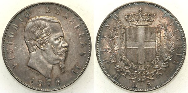 REGNO D’ITALIA - Vittorio Emanuele II (1861-1878) - 5 Lire 1876 Roma. Bellissima...