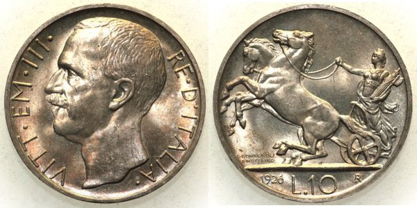 REGNO D’ITALIA - Vittorio Emanuele III (1900-1943) 10 Lire 1926 Biga bordo largo...