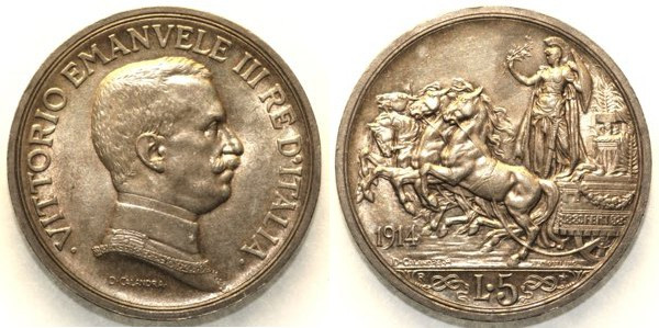 REGNO D’ITALIA - Vittorio Emanuele III (1900-1943) - 5 Lire 1914 Quadriga Briosa...