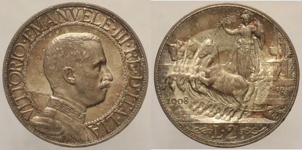 REGNO D’ITALIA - Vittorio Emanuele III (1900-1943) - 2 Lire 1908 Quadriga Veloce...